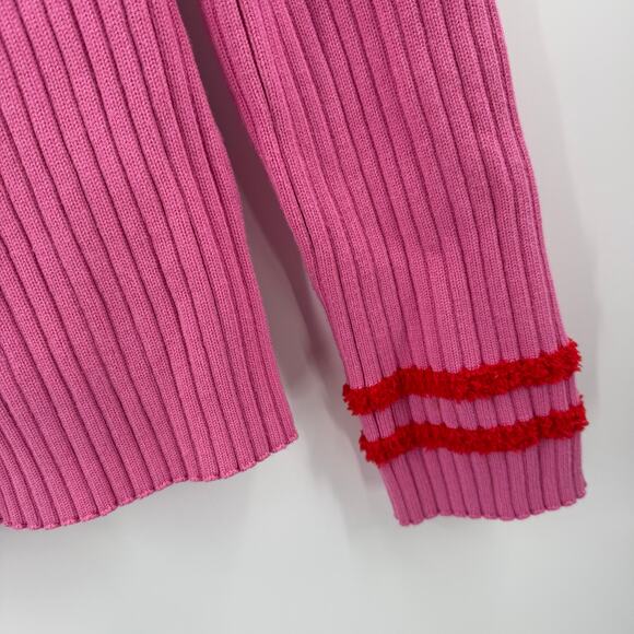 English Factory Sweater Women's Size Large Rib Ruffle Edge Pink Red Fuzzy Cuffs - Picture 8 of 10